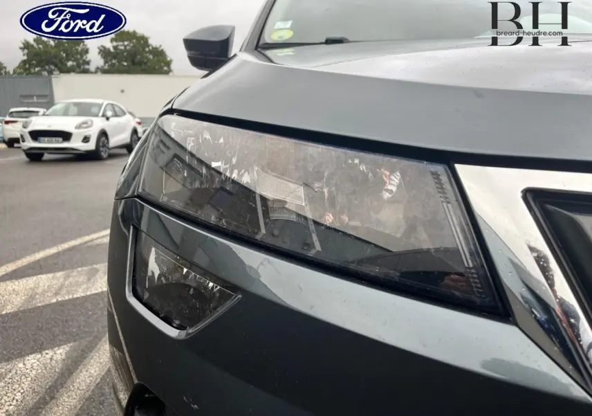 Gros plan sur le phare avant gauche du Skoda Karoq gris Business, avec calandre chromée visible sur fond extérieur.