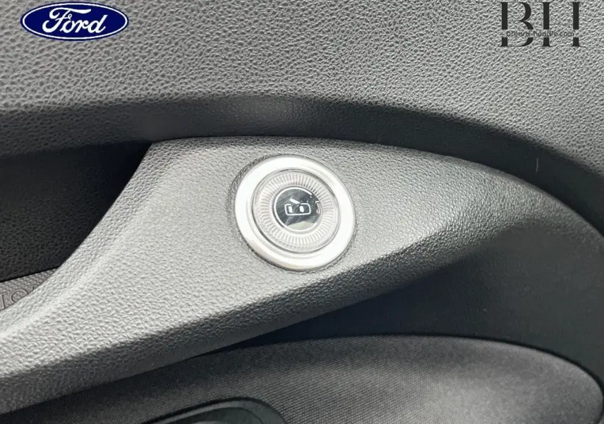 Bouton de verrouillage centralisé en gros plan sur la portière intérieure noire d'une Fiat 500 Ice White pastel.