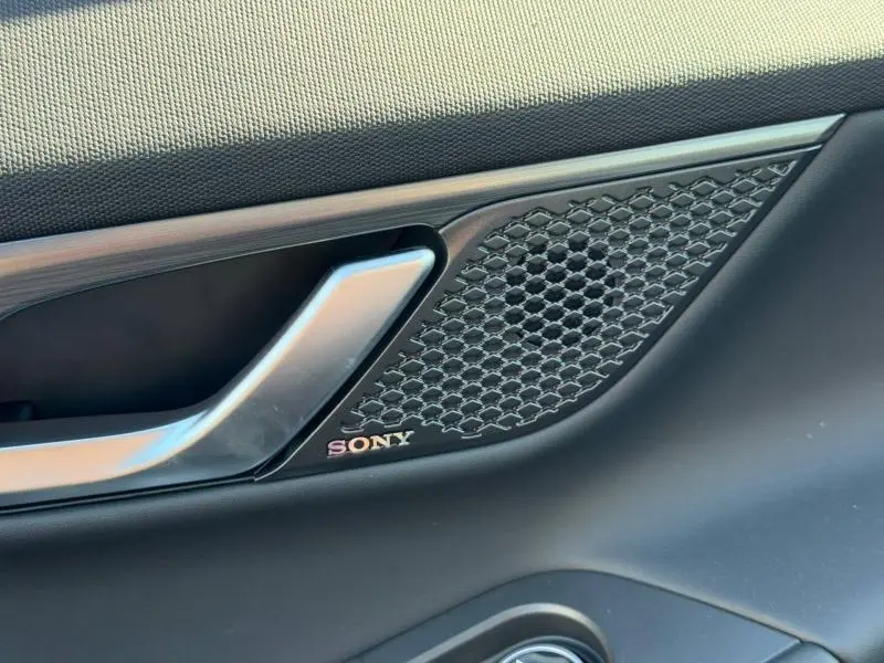 Gros plan sur la poignée de porte intérieure noire et la grille d'enceinte Sony du JAECOO J5 version Exclusive.