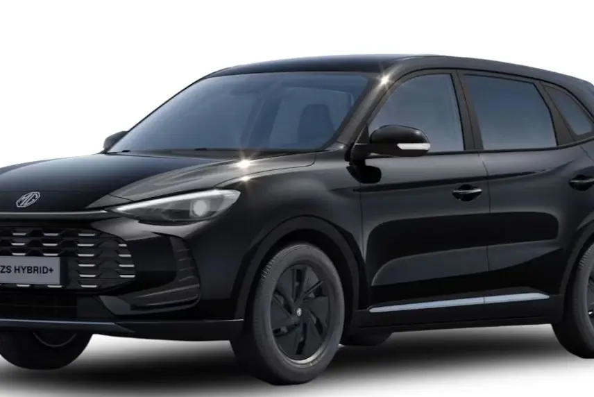 MG ZS 1.5L Hybrid+ 2026 en Pebble Black Metal, vue 3/4 avant droit avec calandre noire distinctive.