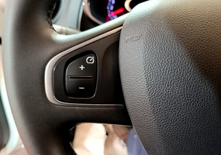 Gros plan sur le volant cuir noir de la Renault Clio Business TCe 90, montrant les commandes de régulateur de vitesse.