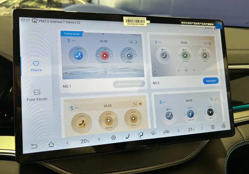 Écran tactile central du BYD SEAL U 2025 affichant les options de thèmes d'interface dans l'habitacle.