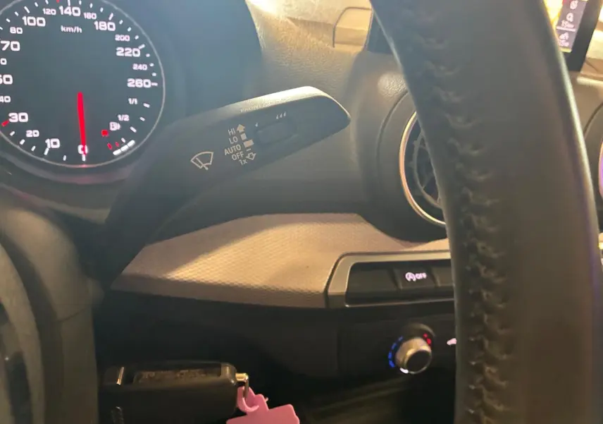 Vue intérieure côté gauche du tableau de bord noir de l'Audi Q2 30 1.6 TDI avec volant et commandes visibles.