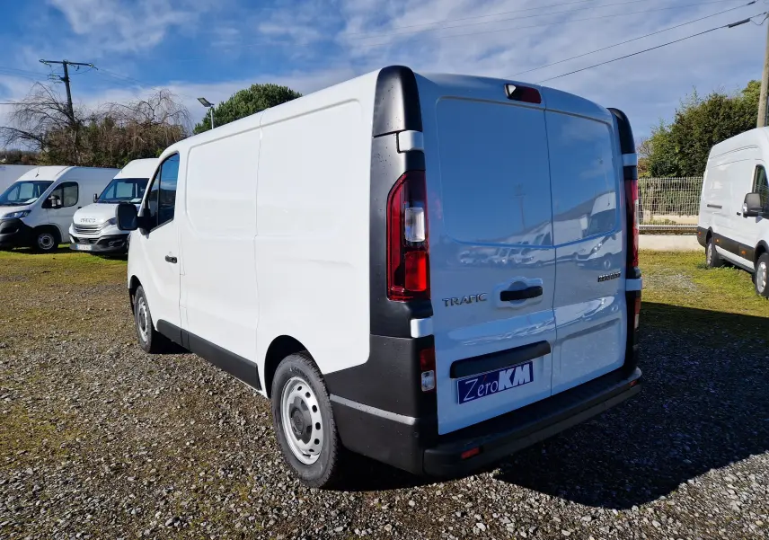 Renault Trafic Fourgon blanc vu en 3/4 arrière droit, avec portes arrière fermées et marquage "Trafic" visible.