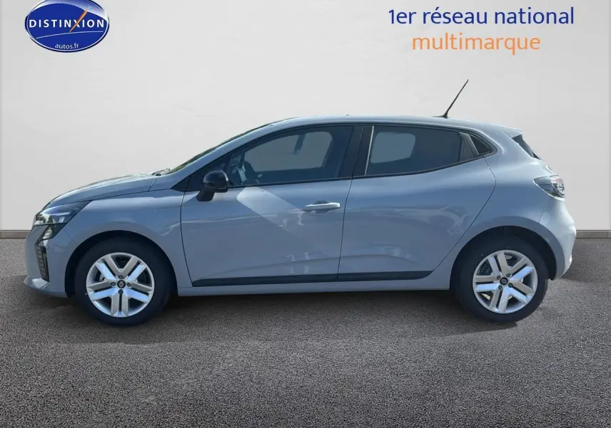 Profil droit d'une Renault Clio V gris rafale avec coques de rétroviseurs noires et jantes alliage 16 pouces.