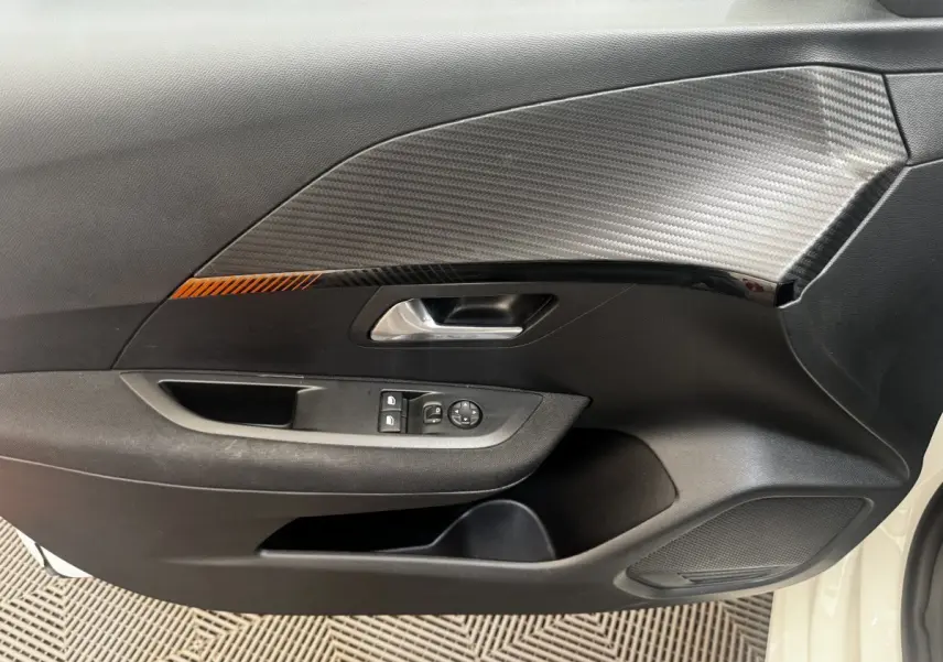 Vue intérieure côté gauche de la porte avant d'une Peugeot 208 blanche avec insert carbone et commandes électriques.