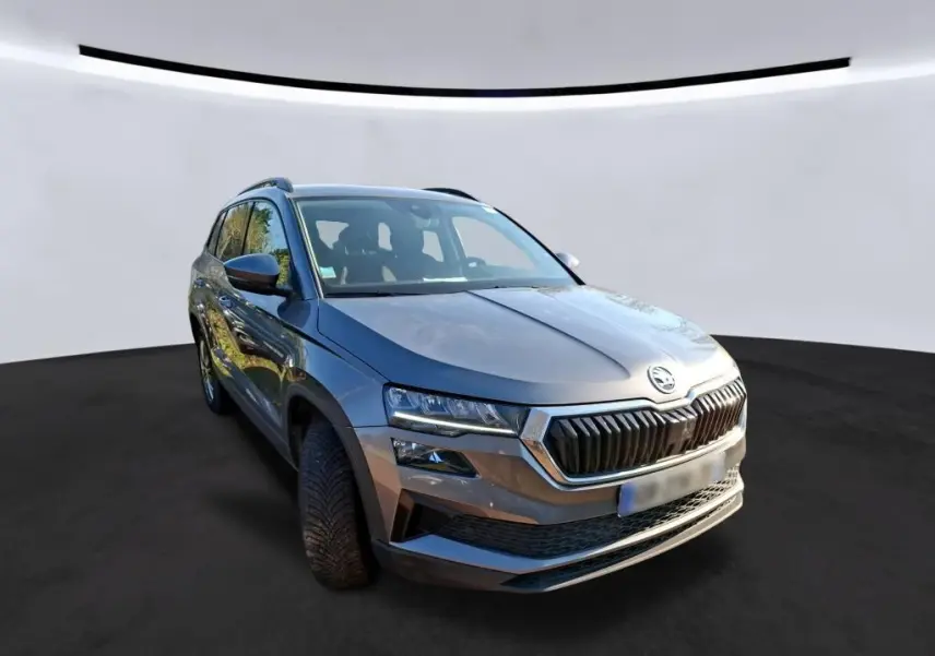 Vue 3/4 avant droite d'un Skoda Karoq gris 2023 avec calandre noire et jantes alu 17 pouces visibles.
