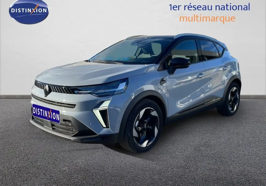 Renault Captur 1.0 ECO-G 100ch Techno gris Rafale métal avec toit noir, vue 3/4 avant droit sur fond neutre.