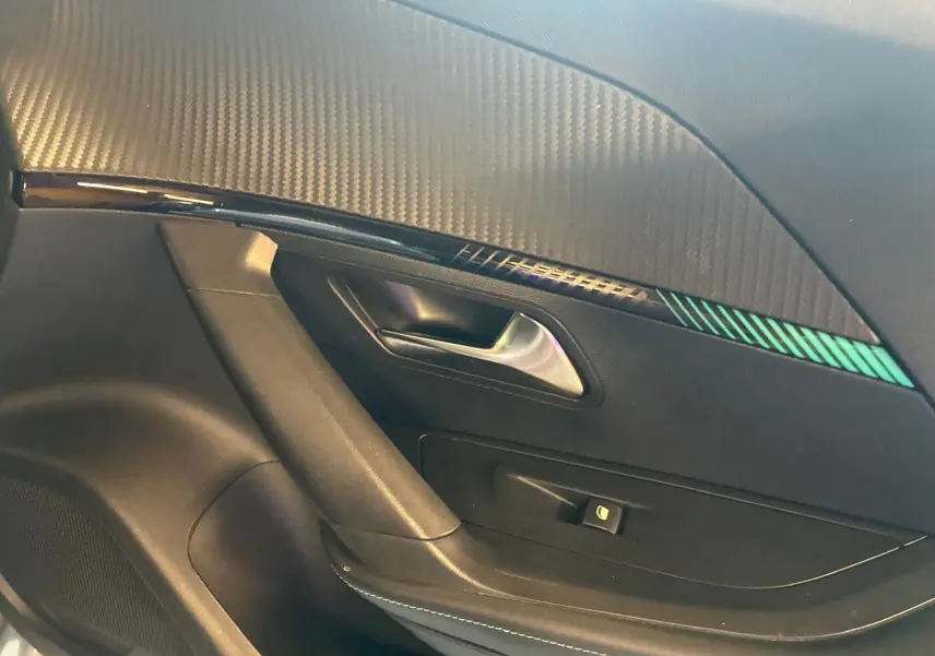 Détail de la porte intérieure côté gauche du Peugeot 2008 gris, avec poignée argentée et insert décoratif noir à motifs verts.