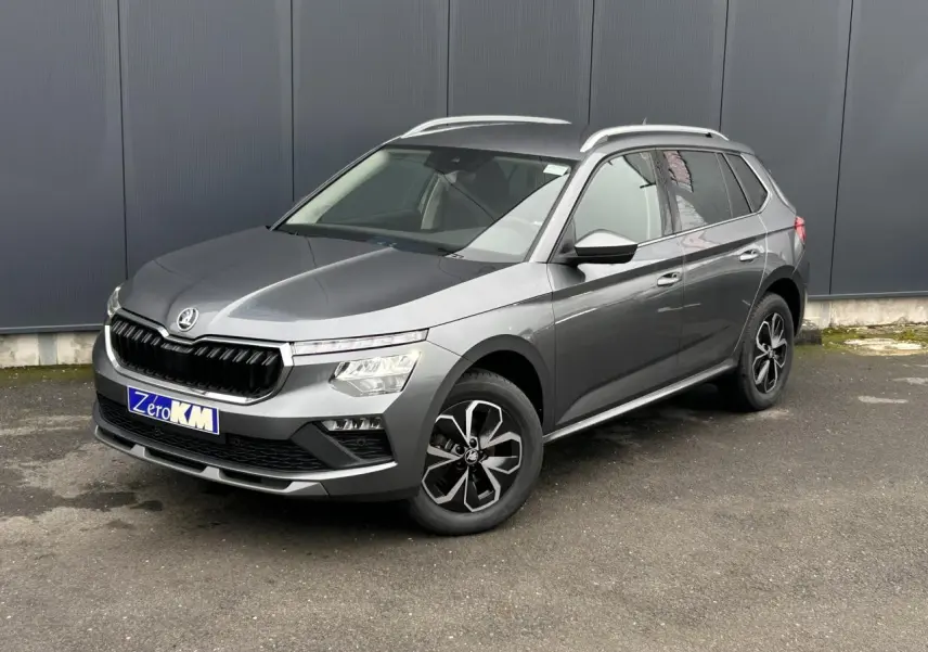 SUV Skoda Kamiq gris graphite vu en 3/4 avant droit, avec jantes alliage et barres de toit argentées.