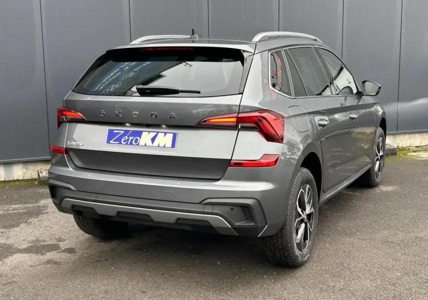 Vue 3/4 arrière droite d'un Skoda Kamiq gris graphite avec jantes alliage et vitres surteintées.