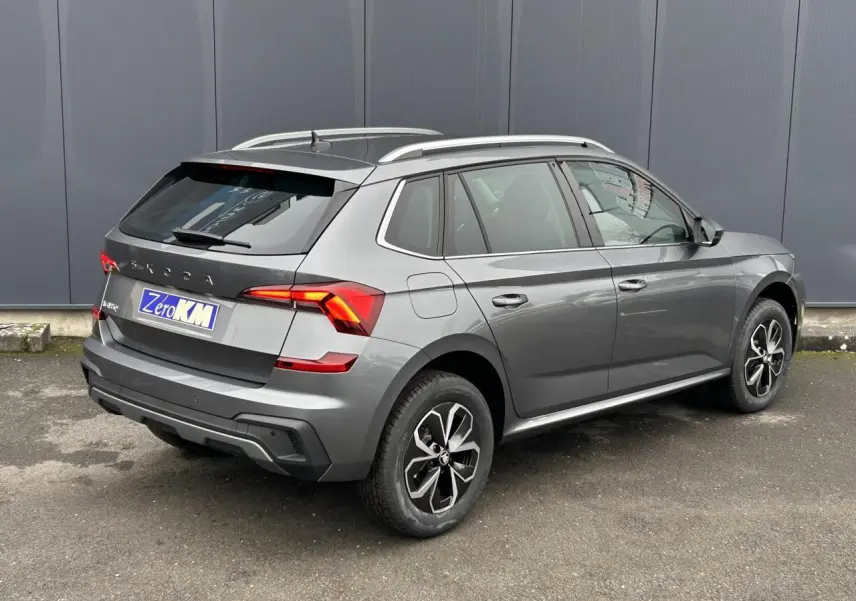Vue 3/4 arrière droite d'un Skoda Kamiq gris graphite avec vitres surteintées et barres de toit argentées.