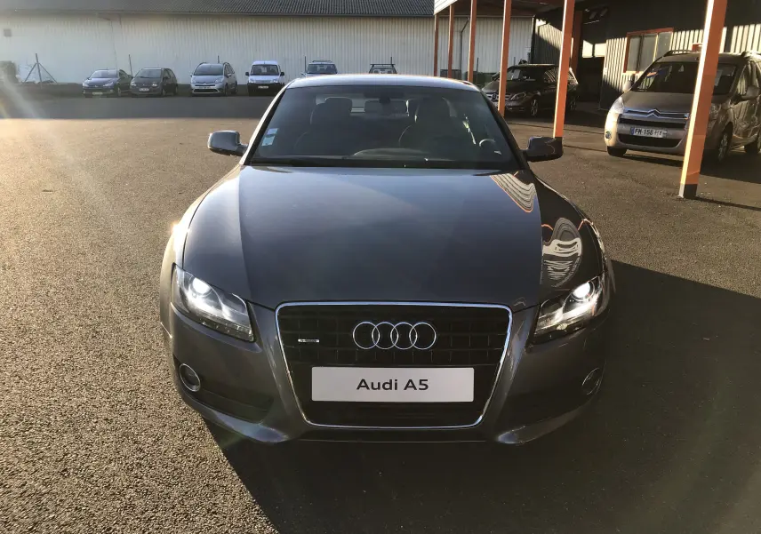 Vue frontale d'une Audi A5 gris dauphin avec phares allumés, garée en extérieur sous un soleil bas.