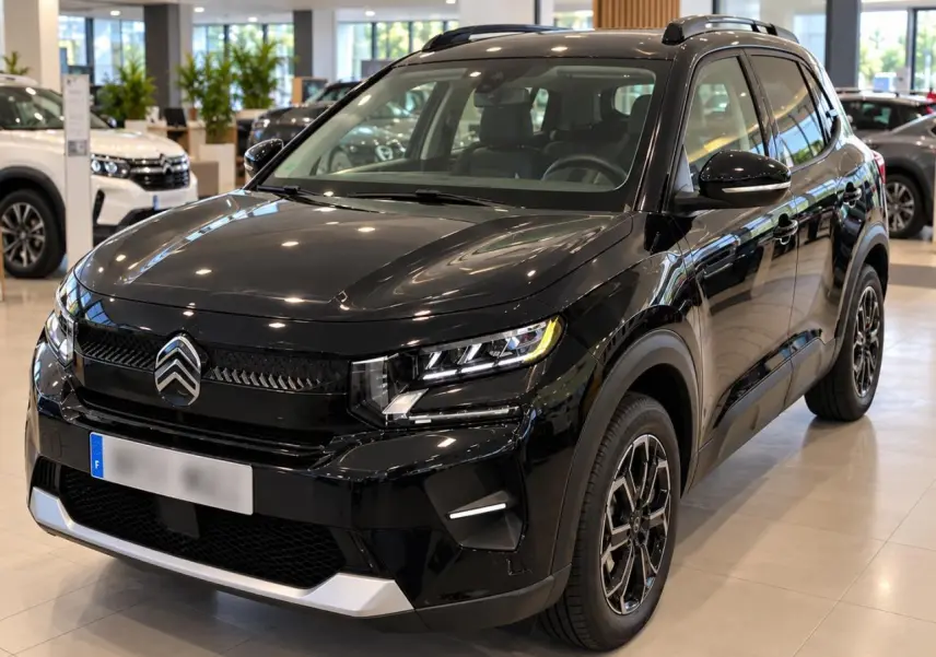 Citroën C3 ë-113 Berline Max noir métal en 3/4 avant droit, avec jantes alliage et détails noirs brillants.