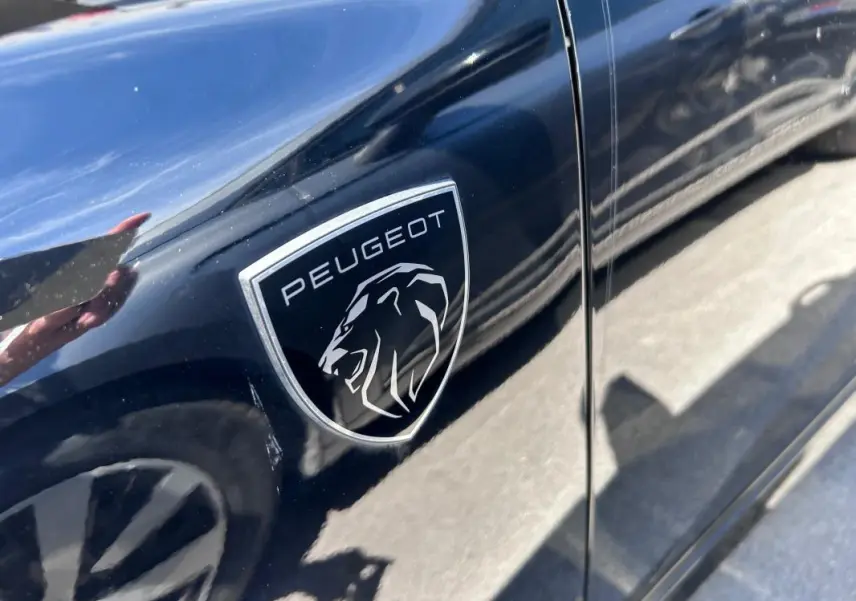 Gros plan sur l'écusson Peugeot noir sur la porte avant gauche d'une 308 SW PHEV 225 e-EAT8 GT noire brillante.