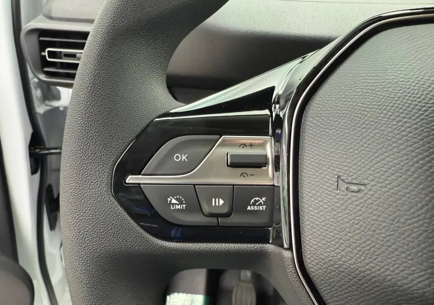 Gros plan sur le volant multifonction noir du Peugeot Partner blanc Icy, avec commandes de régulateur et assistance visibles.