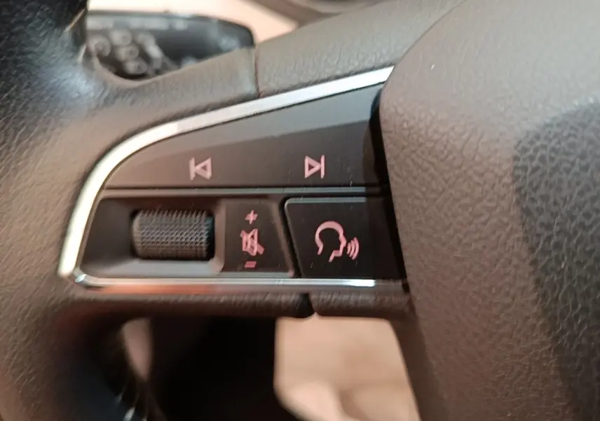Gros plan sur les commandes vocales et audio sur le côté gauche du volant en cuir noir du SEAT Arona gris clair.