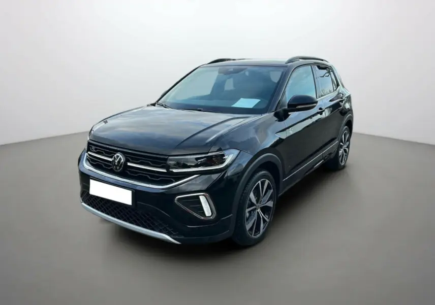 Volkswagen T-Cross TSI 116 DSG7 R-Line noir intense vue 3/4 avant droit avec jantes alu 18 pouces et feux LED matrix.