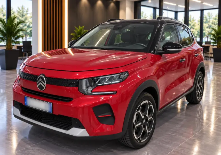 Citroën C3 ë-113 Berline Max 2025 rouge métal foncé vue 3/4 avant droit en intérieur showroom.