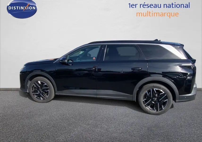 Peugeot 5008 Hybrid noir Perla Nera, vue profil côté gauche, jantes alliage noires distinctives.