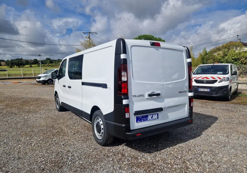 Vue 3/4 arrière droite du Renault Trafic cabine approfondie blanc, avec portes arrière fermées sur un parking extérieur.