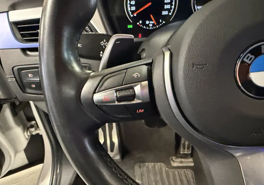 Gros plan sur le volant cuir multifonctions d'une BMW X2 blanche, avec commandes de régulateur de vitesse visibles.