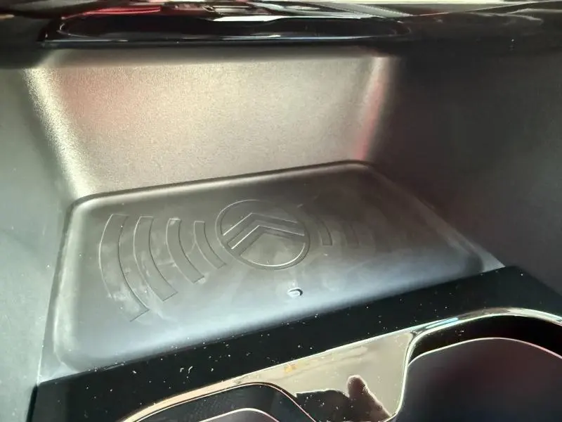 Détail du compartiment de rangement intérieur avec logo Citroën embossé, finition noire mate.