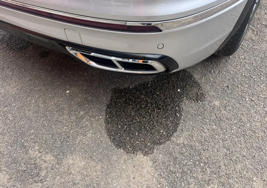 Gros plan sur la sortie d’échappement chromée arrière droite du Volkswagen Tiguan gris Dauphin métallisé.