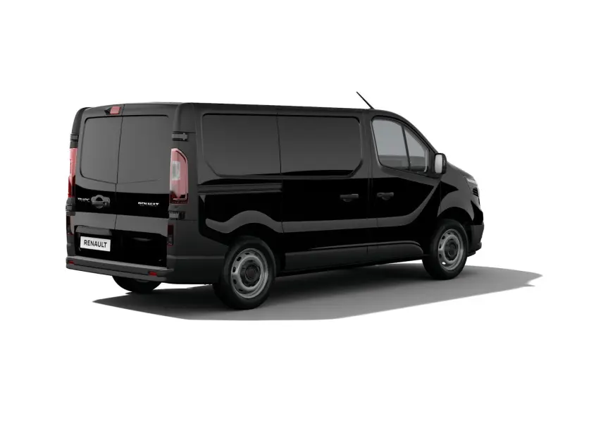 Profil droit du Renault Trafic Fourgon noir crépuscule, version Van L1H1 BluedCi 150 Advance 3T, stationné devant un bâtiment.