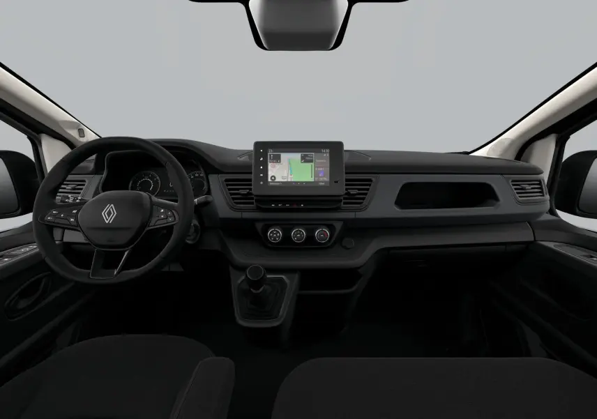 Vue 3/4 arrière droite du Renault Trafic Fourgon noir crépuscule avec portes arrière fermées et feux arrière visibles.
