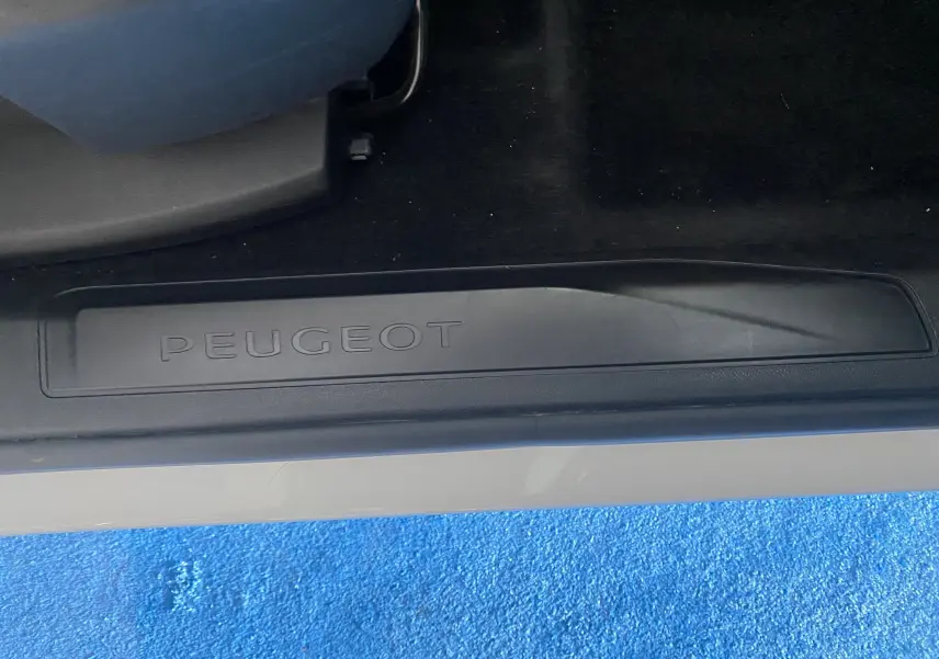 Gros plan sur la plaque de seuil de porte noire avec le logo Peugeot, sur un véhicule blanc côté gauche.