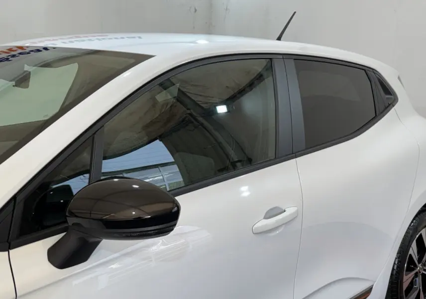 Vue côté gauche rapprochée de la Renault Clio Business TCe 100 GPL blanche avec rétroviseur noir brillant.