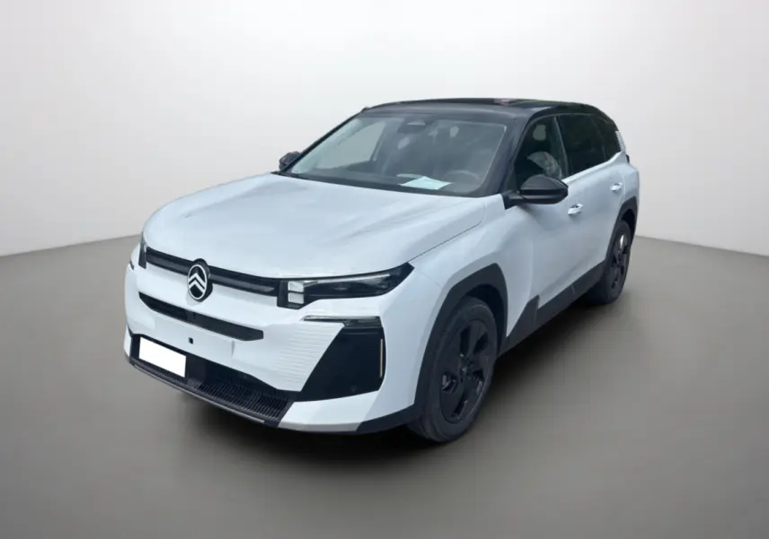 Citroën C5 Aircross New Hybrid 145 blanc okénite avec toit noir, vue 3/4 avant droit sur fond neutre.