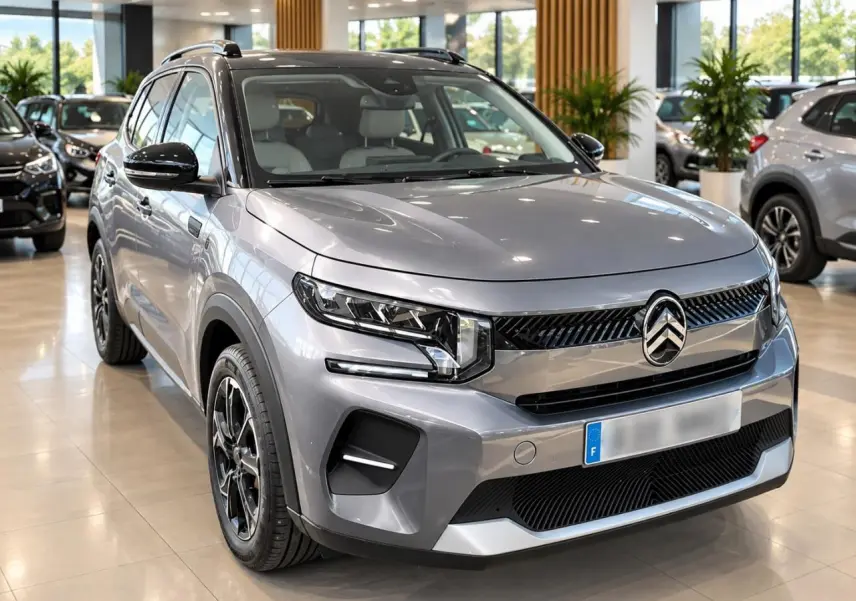 Citroën C3 ë-113 Berline Max gris Artense vue 3/4 avant en intérieur, calandre et phares LED distinctifs.