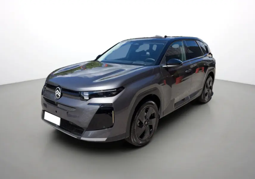 Citroën C5 Aircross New Hybrid 145 gris platinium avec toit noir, vue 3/4 avant droit sur fond neutre.