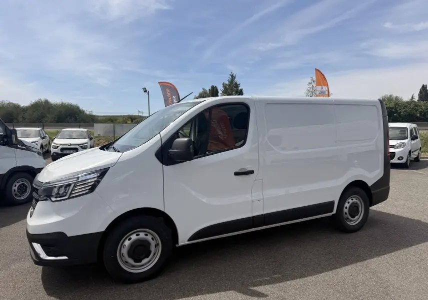 Renault Trafic Fourgon blanc vu de profil côté gauche, avec jantes acier et rétroviseurs noirs.