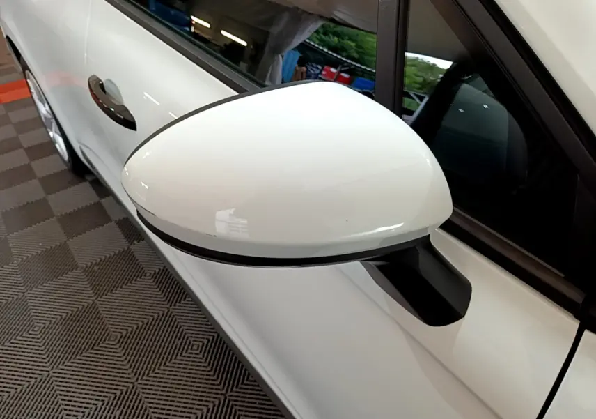 Rétroviseur blanc côté gauche de la Renault Clio Business 2021, avec poignée de porte noire visible en arrière-plan.