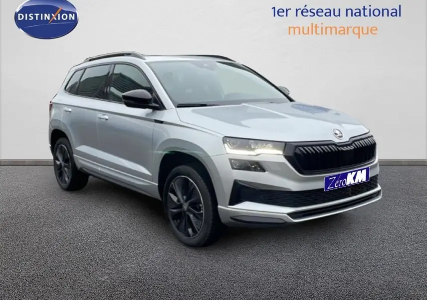 Vue 3/4 avant d’un Skoda Karoq argent avec barres de toit et jantes noires sur fond neutre.