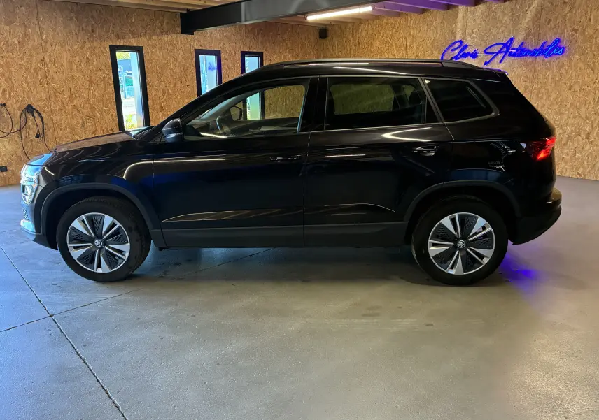 Vue de profil côté gauche d’un Skoda Karoq noir 2024 avec jantes alliage et vitres teintées dans un garage.