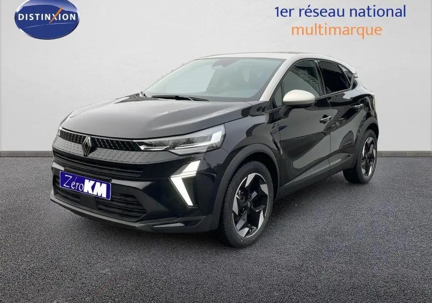 Renault Captur E-Tech hybride noir étoile avec toit beige, vue 3/4 avant mettant en valeur ses feux LED distinctifs.