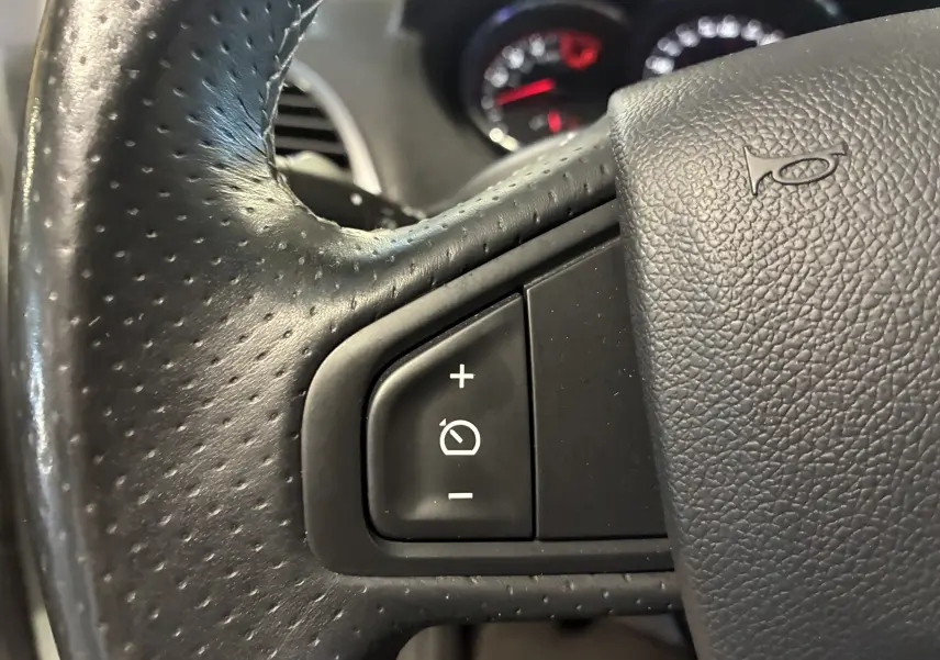Gros plan sur le bouton de régulateur de vitesse sur le volant en cuir noir de la Renault Mégane Coupé 2.0 DCI 165 GT.