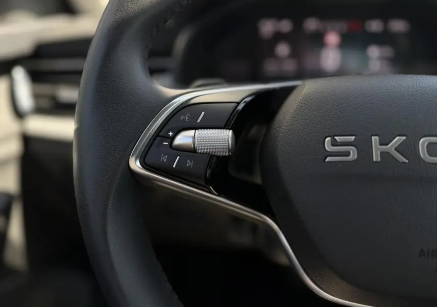 Gros plan sur les commandes gauche du volant cuir noir du Skoda Scala TSI 116 DSG7 Sélection 2025.