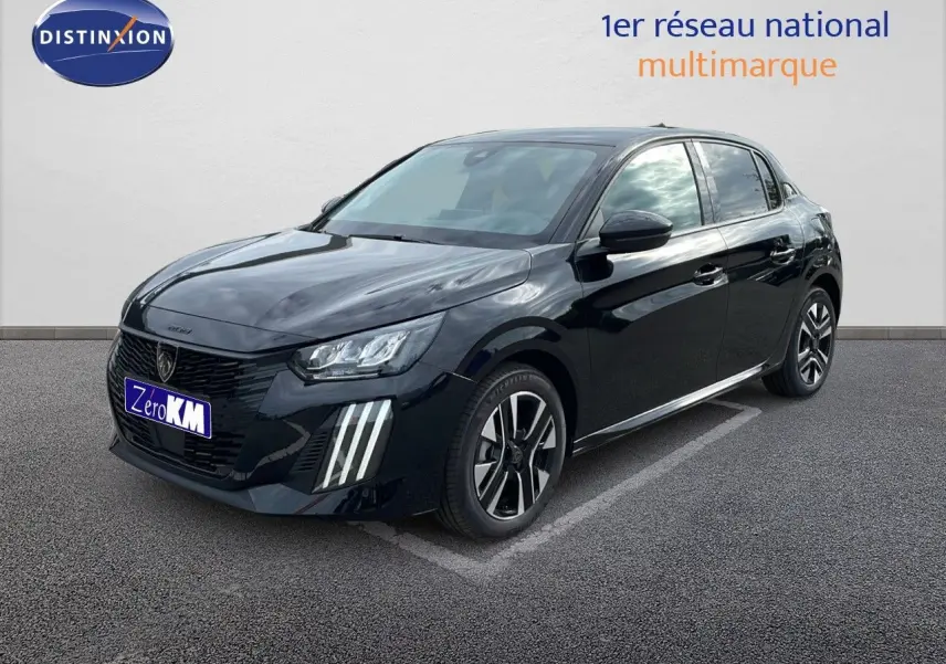 Peugeot 208 noir perla metal vue 3/4 avant droit avec feux LED et jantes alliage distinctives.
