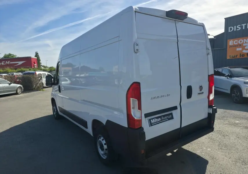 Fiat Ducato Fourgon blanc en 3/4 arrière droit, portes arrière tôlées et jantes acier 15 pouces visibles.
