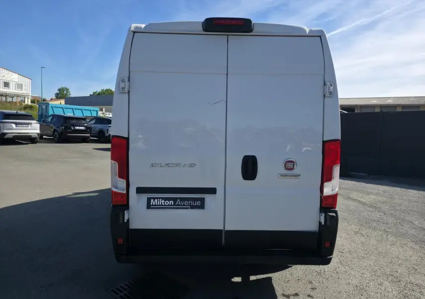 Vue arrière d'un FIAT Ducato Fourgon blanc 2023 avec portes battantes et logo FIAT Professional visible.