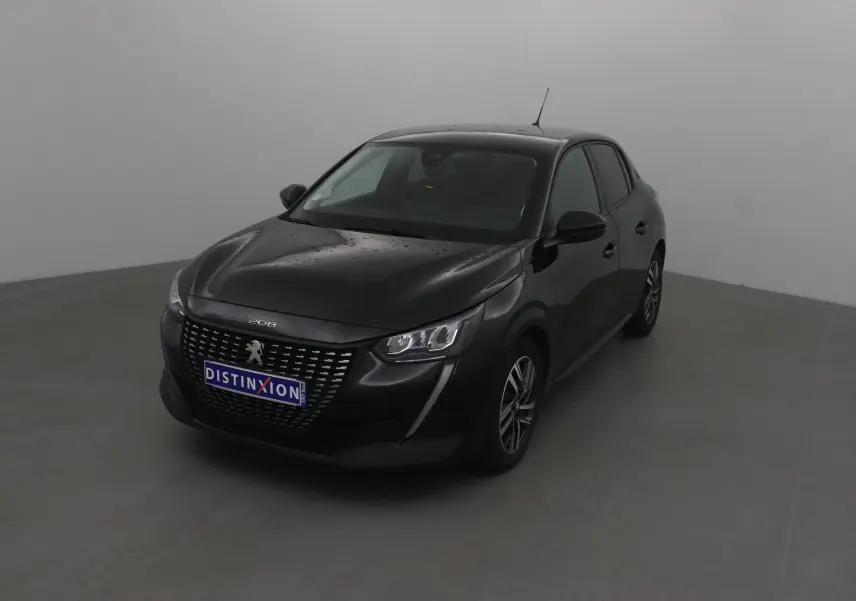 Peugeot 208 noire vue en 3/4 avant droit avec calandre distinctive et jantes alliage 16 pouces.