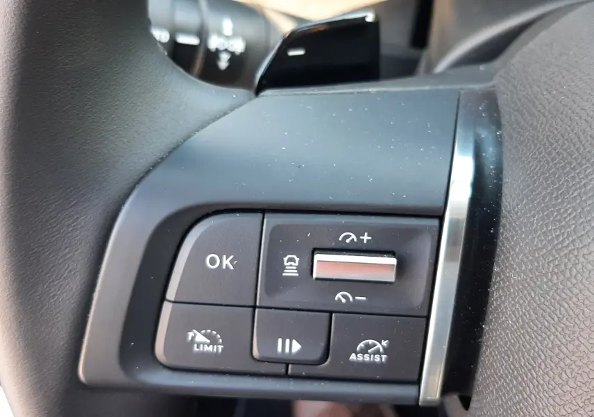 Gros plan sur les commandes au volant côté gauche du Citroën C4 blanc Okenite, avec boutons de régulateur et assistance.