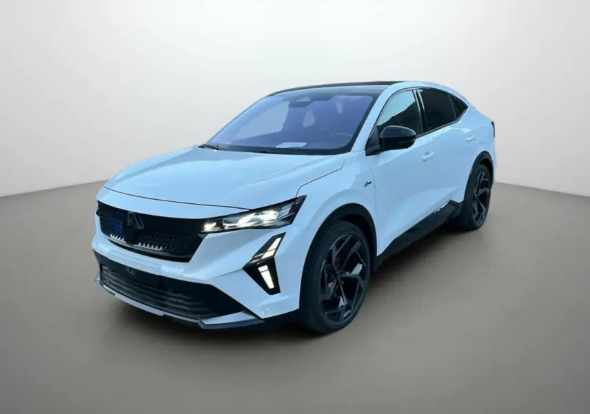 Renault Rafale 4x4 300 blanc nacré avec toit noir, vue 3/4 avant mettant en valeur ses jantes noires et phares LED.