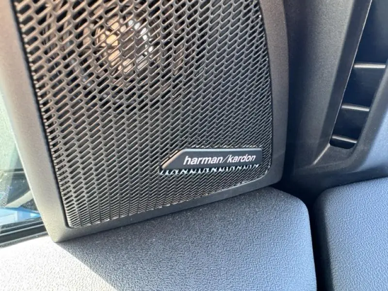 Gros plan sur l'enceinte Harman Kardon intégrée côté gauche dans l'habitacle du BMW X3 xDrive20 2024 gris métallisé.