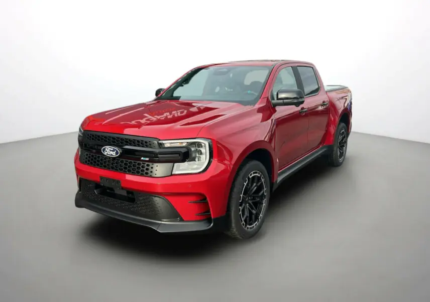 Ford Ranger 3.0 V6 240 MS-RT Plus rouge Lucid en vue 3/4 avant droit avec jantes noires et calandre noire.